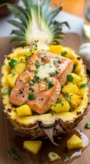 Grilled Salmon Fillet with Pineapple Salsa Served in Fresh Pineapple Bowl © Capucino