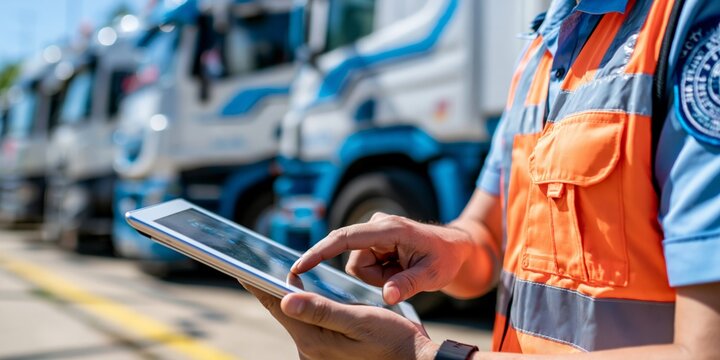 Traffic officer in high visibility vest using a tablet computer while standing near a row of parked trucks.