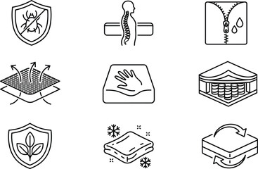 Fototapeta premium Orthopedic mattress properties and bed material line icon set vector illustration featuring orthopedic foam memory spring