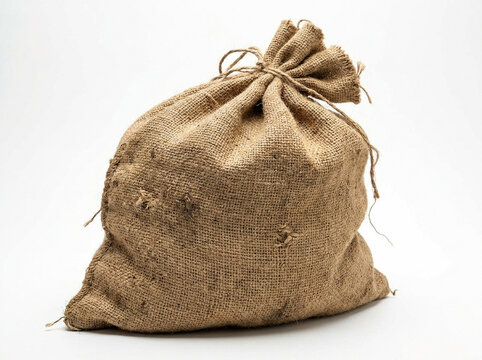 A rustic brown burlap sack featuring a tied top and coarse textured woven fabric surface