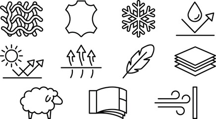 Garment fabric properties and textile material line icon set vector illustration of clothing characteristics including waterproof breathable © AKTAR