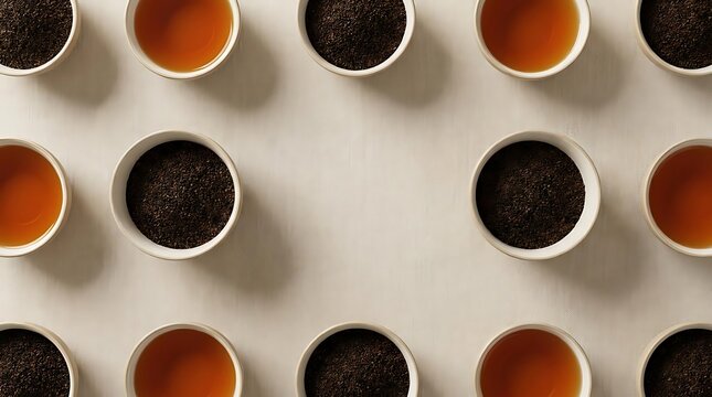 Minimalist flat lay of ctc tea granules and brewed orange tea cups arranged symmetrically on a light beige background with copy space.