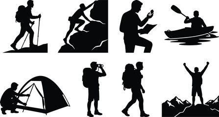 Collection of outdoor adventure silhouettes featuring hiking, rock climbing, camping, kayaking, and exploring mountain landscapes for travel themes © Mst