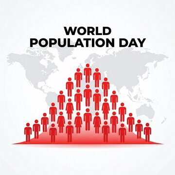 World population day infographic with red human icons with infographic featuring pyramid icons white background gray world map overpopulation