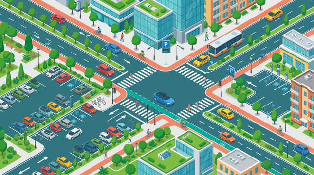 Isometric Cityscape: Eco-friendly urban intersection with cars, bus, and green buildings