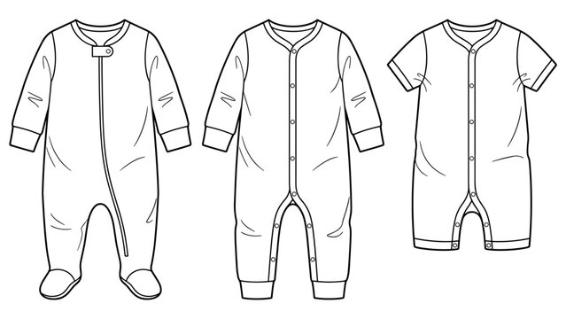 Baby sleepsuit and romper set, CAD, fashion flat template. Technical drawing for infant garment production.