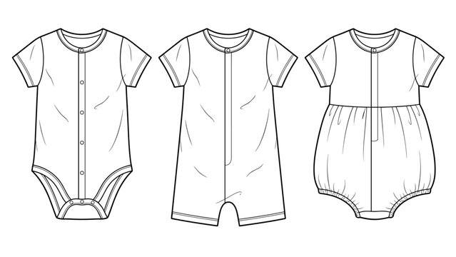 Selection of baby rompers and onesies, CAD, fashion flat template. Technical illustration for garment production.