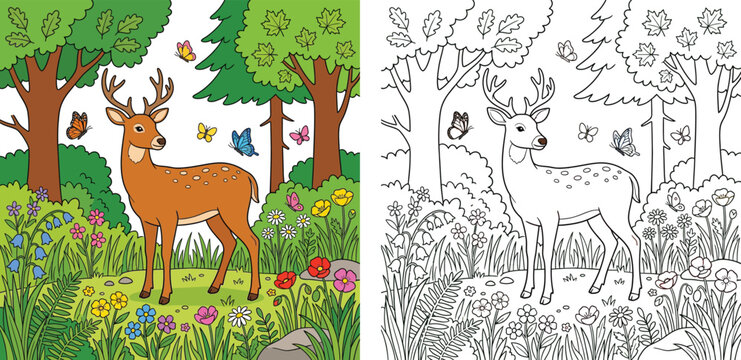 Vector illustration of a cute deer in a forest, split screen showing a colorful version and a black and white coloring book page template for kids.