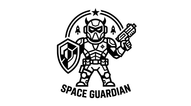 Space Guardian Robot Warrior with Shield and Gun, Sci-Fi Character Logo