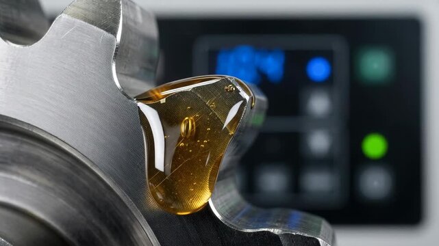 Lubricant oil dripping over a metal gear tooth. Industrial machinery component maintenance process. Viscous fluid application for mechanical friction reduction cycle