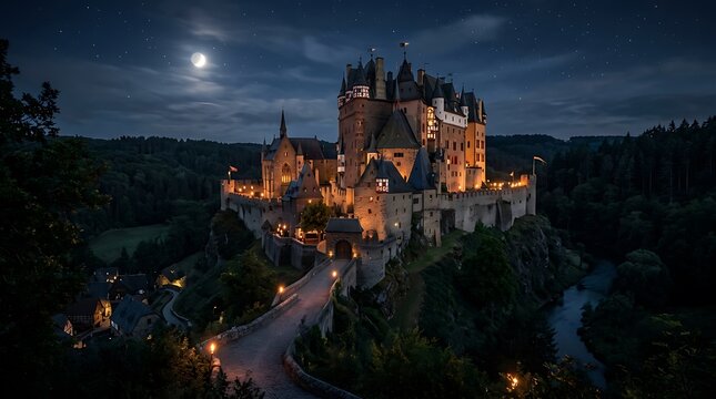 Haunted halloween castle at night spooky german fortress illuminated under a full moon