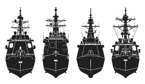 Naval Warship Silhouettes Set, Military Battleships and Destroyers, Maritime Fleet Isolated on White