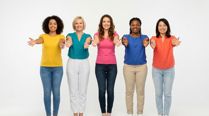 Fototapeta premium Five diverse women in colorful casual shirts stand side by side holding their hands forward together