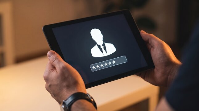 secure login interface and personal data protection. person accessing private database on digital tablet, entering password credentials for two factor authentication and network privacy