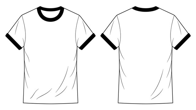 mens contrast ringer crew neck t shirt flat sketch vector illustration front and back view technical drawing template. cad mockup.