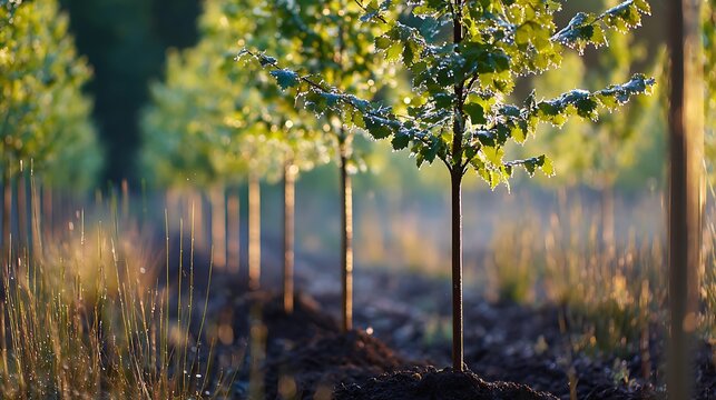 A row of young trees, with one central tree sharply in focus