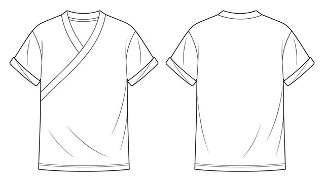 mens wrap front kimono style t shirt flat sketch vector illustration front and back view technical drawing template. cad mockup.