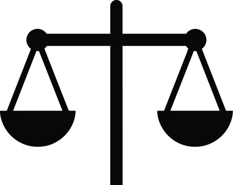 Simple black vector illustration of a balanced justice scale icon for legal and law concepts