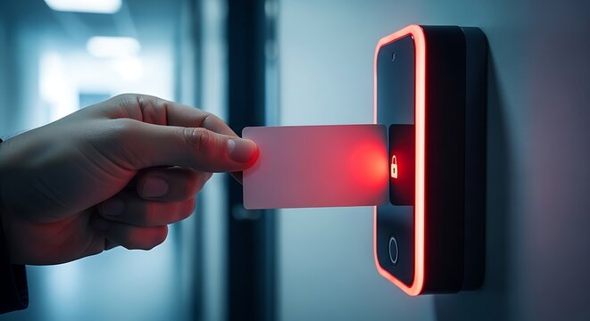 Hand inserting red access card into illuminated security reader