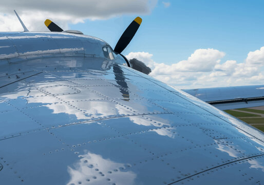 Close-up of polished silver fuselage and wing of a vintage propeller aircraft showing detailed rivets and cloud reflections on the metallic surface under a bright blue sky.
