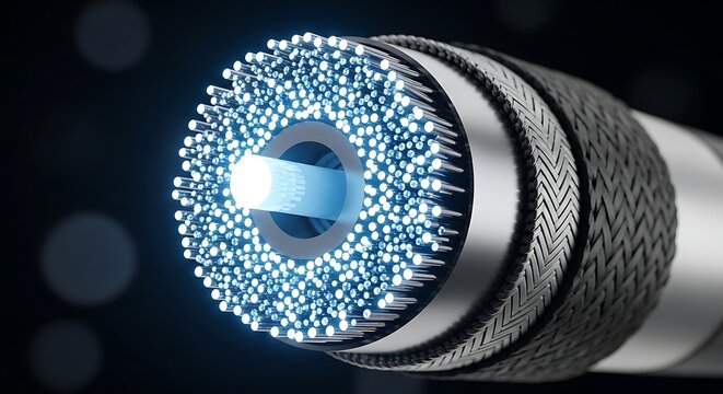 Close up of fiber optic cable with glowing blue lights