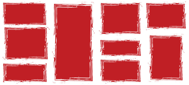 Artistic red grunge border collection with multiple geometric rectangles and double line textured frames for modern design layouts vector