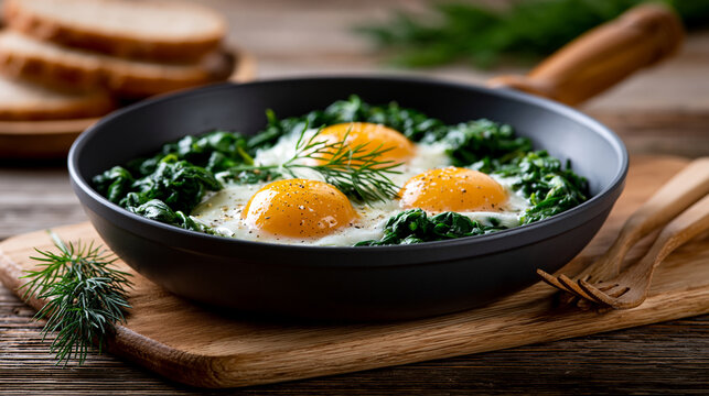 Egg and spinach breakfast skillet in soft natural light highlighting affordable longevity meal local ingredients and healthy aging nutrition