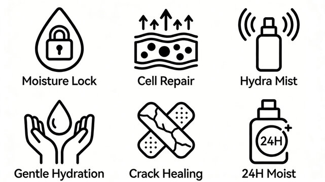 Various line labels of water locking drops and bandage patches are placed, representing the concept of deep water locking, repairing dry cracks, and spray moisturizing skin
