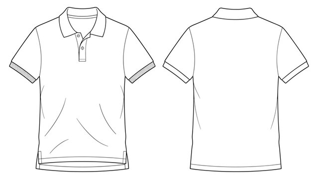 Polo Shirt Short Sleeve Button Placket Flat Technical Drawing Illustration Blank Sportswear Mock-up Template for Design and Tech Packs CAD