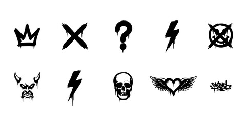 Fototapeta premium Symbols Featuring Crown, Cross, Question Mark, Lightning Bolt, No Symbol, Devil, Skull, Heart with Wings, and Thorns