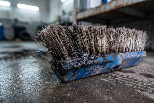 Macro close up of a car wash brush heavily caked with thick black grease and mud paste