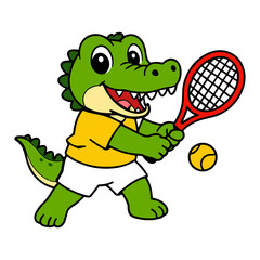 Obraz premium Colorful cartoon crocodile character playing tennis with racket and ball, cute vector illustration of a playful reptile athlete for sports and kids design.
