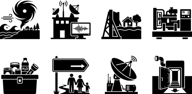 Natural disaster and emergency preparedness black solid icon set for survival kits, evacuation, and safety plans