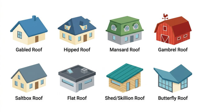 Isometric illustration showcasing eight distinct house roof types including gable, hipped, mansard, gambrel, saltbox, flat, shed, and butterfly styles on a white background