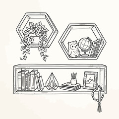 Naklejka premium Minimalist hand drawn line art shelf with plants and decorative