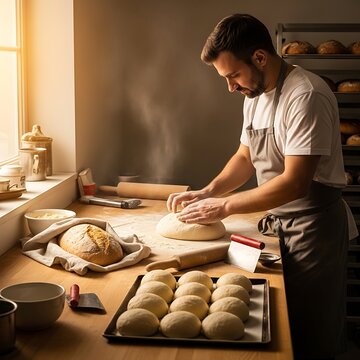 Focused Male Baker Kneading Fresh Bread Dough in Warm Artisan Bakery