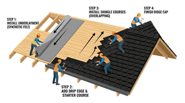 Diagram illustrating the step-by-step process of installing asphalt roof shingles, showing underlayment, drip edge, shingle courses, and ridge cap completion