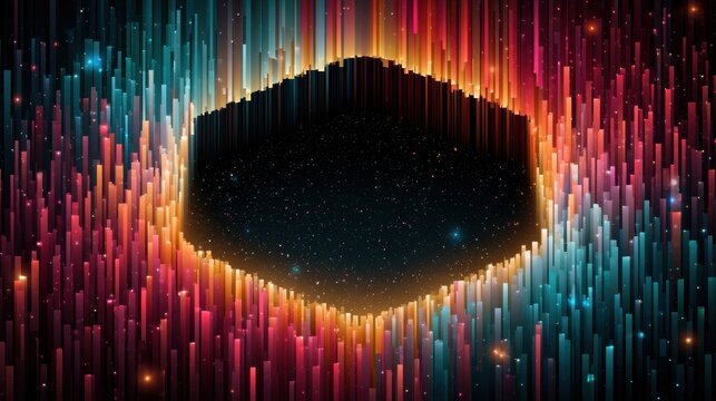 Abstract Digital Art of Circular Light Bars Forming Toroidal Structure Around Cosmic Void with Spectral Gradient from Teal to Red for Sci-Fi Poster Design