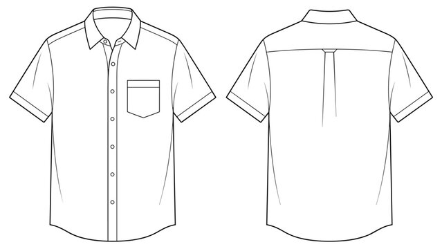 Corporate Office Button Shirt Short Sleeve Flat Technical Drawing Illustration Blank Mock-up Template CAD