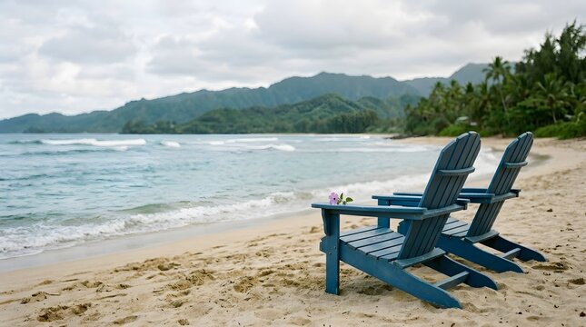 Blue adirondack chairs facing tropical beach