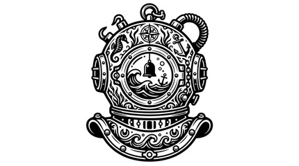 Vintage Diving Helmet Illustration with Nautical Elements © zabidi
