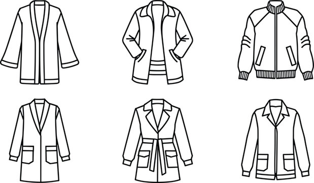 Winter Jackets And Outerwear Line Art Vector Illustration Casual Coats Collection For Men Coloring Book Page Design Sketch Templates Minimal