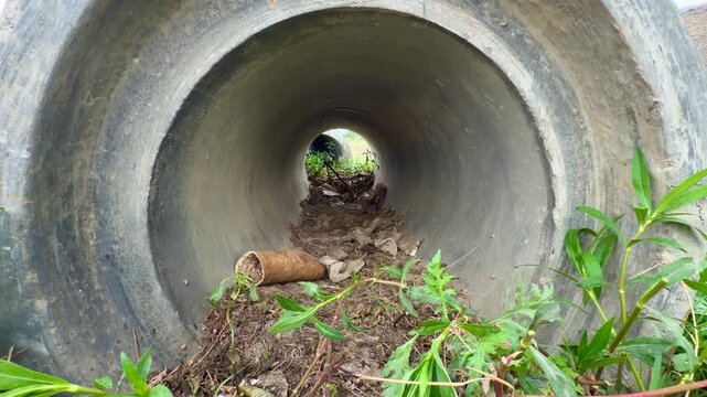 Large circular concrete culvert pipe commonly used for drainage under roads or fields.