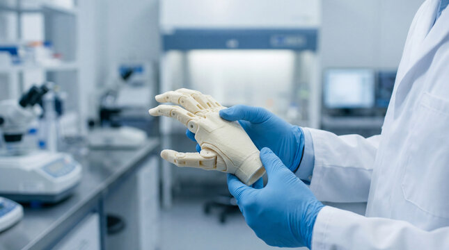 Scientist wearing blue gloves examining white prosthetic robotic limb in clean laboratory for biomedical engineering assistive technology innovation research medical device development