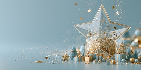 Fototapeta premium A large transparent star frame filled with golden glitter surrounded by blue and gold Christmas trees and gifts on a soft blue background.