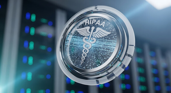 HIPAA compliance and healthcare security for medical data privacy with a digital caduceus shield against a server room background