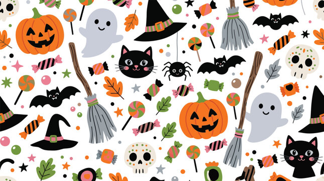Halloween day festive pattern with pumpkins ghosts and candy