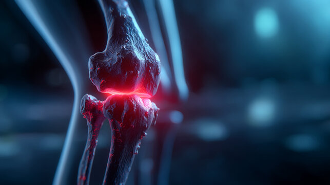 Medical illustration of human knee joint inflammation with red glowing pain focus
