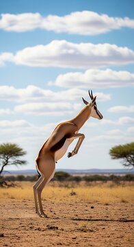Graceful Springbok Antelope Rearing on Hind Legs in Sunny African Savanna