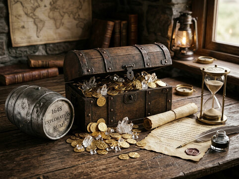 An antique wooden treasure chest overflowing with shiny gold coins and clear sparkling quartz crystals